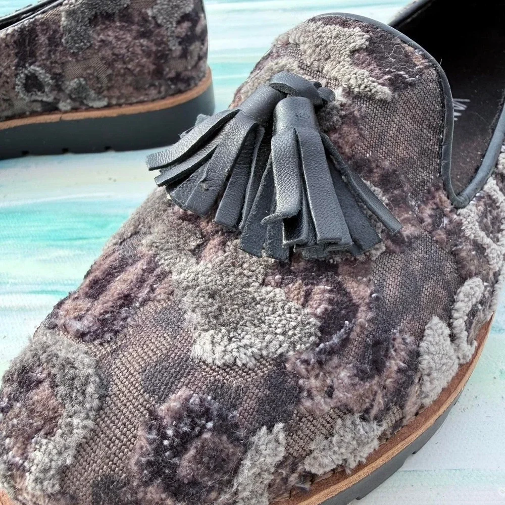 Vaneli purple and grey textured velvet tapestry loafers with black tassels